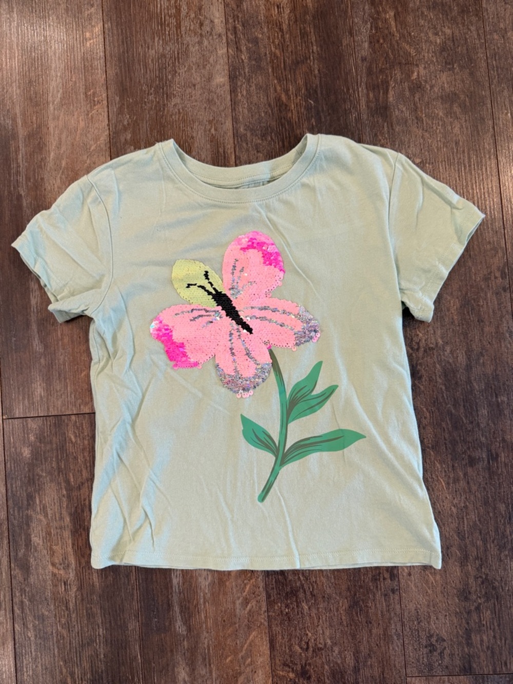 Girls Light Green Butterfly Sequin Tee with Pink Accent